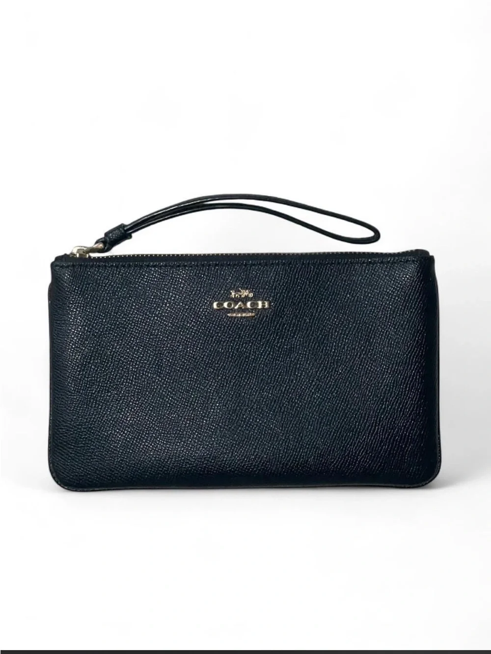 Coach Black Leather Wristlet Clutch with Gold Logo